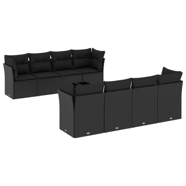 vidaXL Salon de jardin 9 pcs avec coussins noir r&eacute;sine tress&eacute;e