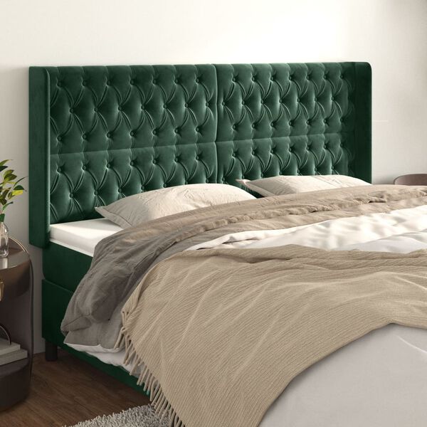 vidaXL T&ecirc;te de lit avec oreilles Vert fonc&eacute; 203x16x118/128 cm Velours