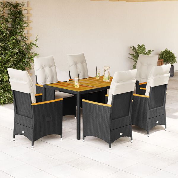 vidaXL Ensemble &agrave; manger de jardin coussins 7pcs Noir R&eacute;sine tress&eacute;e