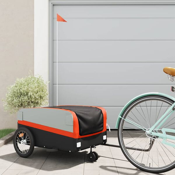 vidaXL Remorque de v&eacute;lo noir et orange 45 kg fer