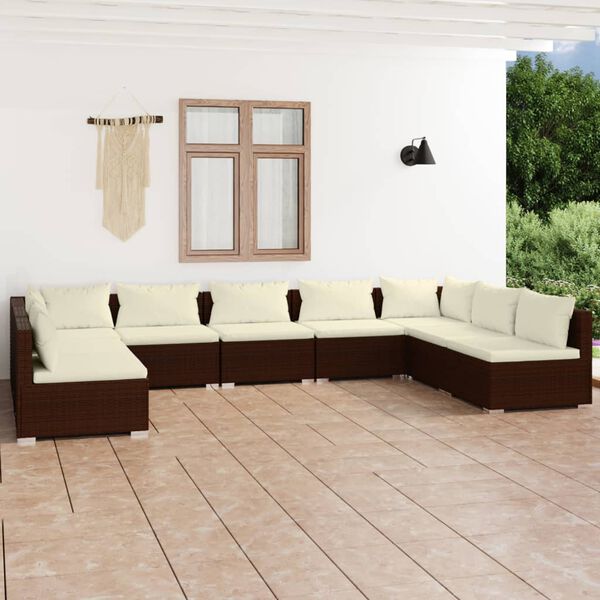 vidaXL Salon de jardin 9 pcs avec coussins R&eacute;sine tress&eacute;e Marron