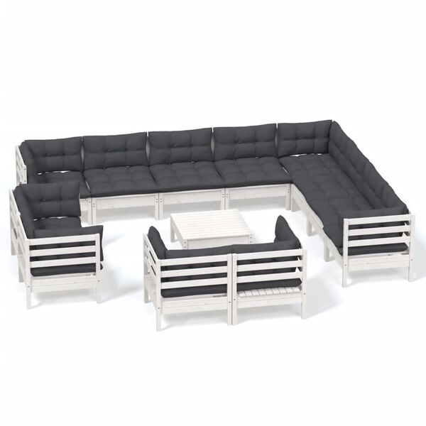 vidaXL Salon de jardin 13 pcs avec coussins blanc bois de pin solide
