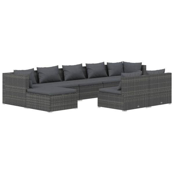 vidaXL Salon de jardin 9 pcs avec coussins Gris R&eacute;sine tress&eacute;e