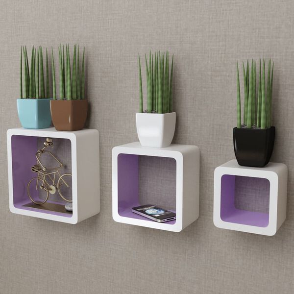3 &Eacute;tag&egrave;res cubes murales et en MDF Blanc-Violet pour DVD/Livres