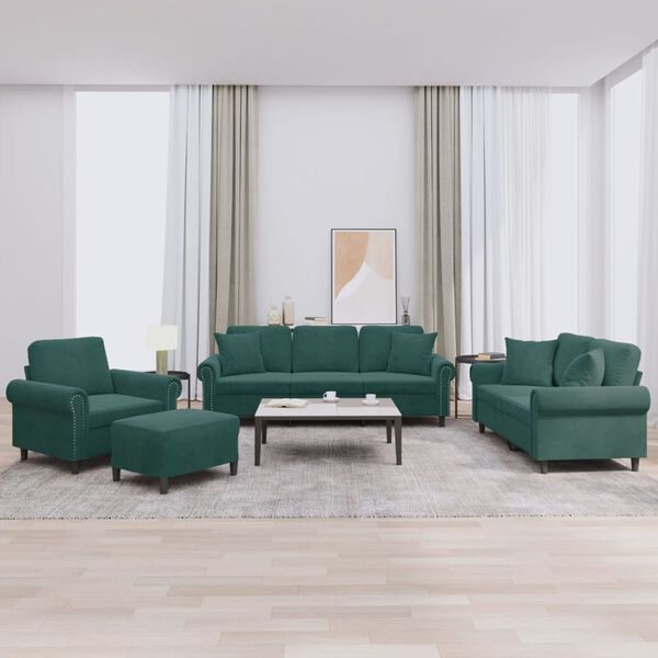 vidaXL Ensemble de canap&eacute;s 4 pcs avec coussins vert fonc&eacute; velours