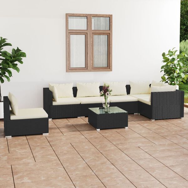 vidaXL Salon de jardin 7 pcs avec coussins R&eacute;sine tress&eacute;e Noir