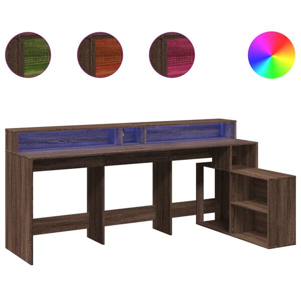 vidaXL Bureau et lumi&egrave;res LED ch&ecirc;ne marron bois d'ing&eacute;nierie