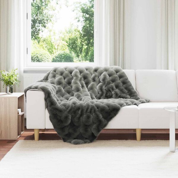 vidaXL Couverture en Fourrure de Lapin Synth&eacute;tique Gris fonc&eacute;