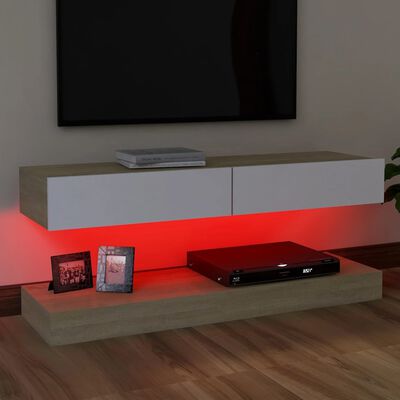 vidaXL Meuble TV avec lumières LED Blanc et chêne sonoma 120x35 cm
