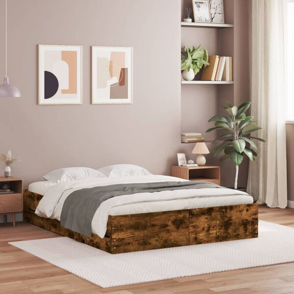 vidaXL Cadre de lit avec tiroirs sans matelas ch&ecirc;ne fum&eacute; 150x200 cm