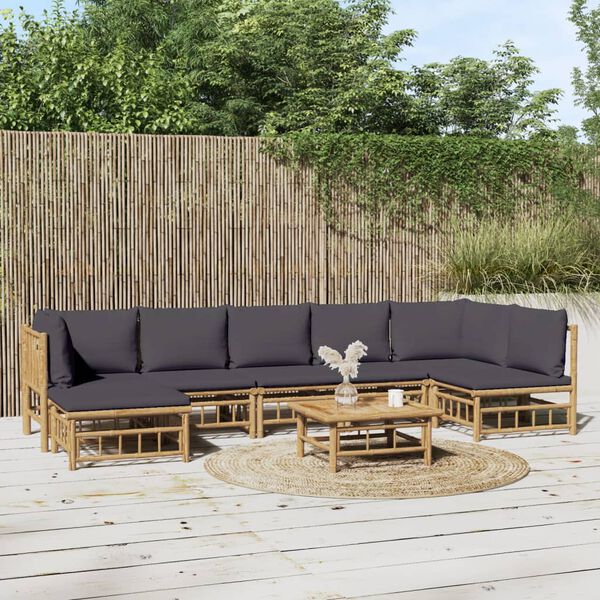 vidaXL Salon de jardin 8 pcs avec coussins gris fonc&eacute; bambou