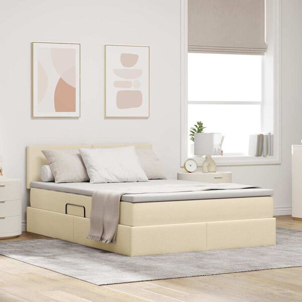 vidaXL Lit avec rangement et LED avec matelas Cr&egrave;me 140 x 200 cm tissu
