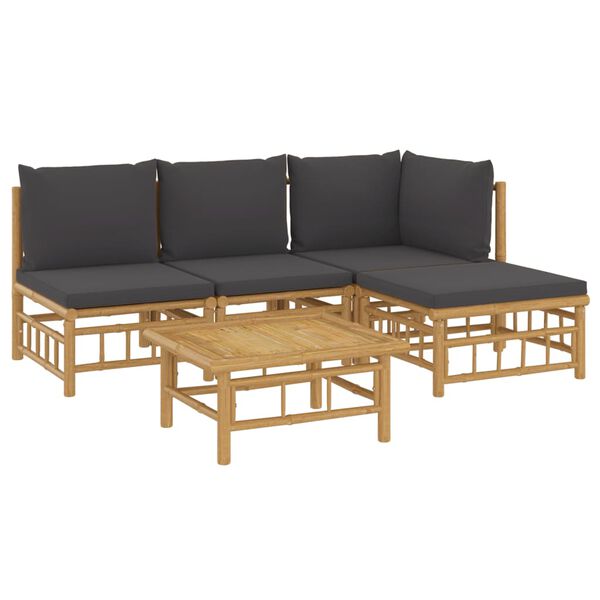 vidaXL Salon de jardin 5 pcs avec coussins gris fonc&eacute; bambou