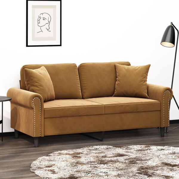 vidaXL Canap&eacute; 2 places et oreillers et coussins Marron 140 cm Velours