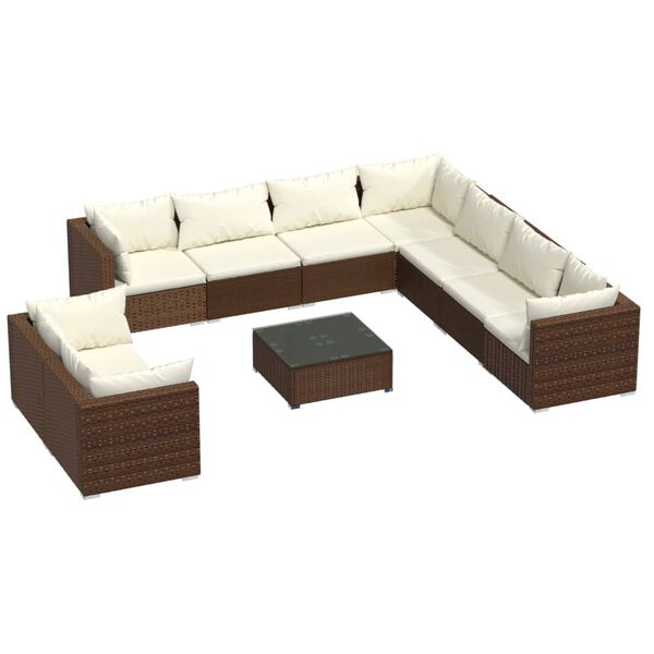 vidaXL Salon de jardin 10 pcs avec coussins marron r&eacute;sine tress&eacute;e