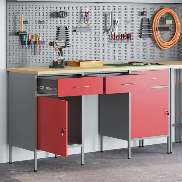 vidaXL Placard de travail avec tiroir 3 pcs Rouge 150 x 55 x 85 cm