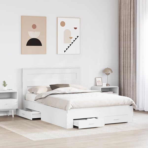 vidaXL Cadre de lit avec tiroir Blanc 150 x 200 cm Bois d'ing&eacute;nierie