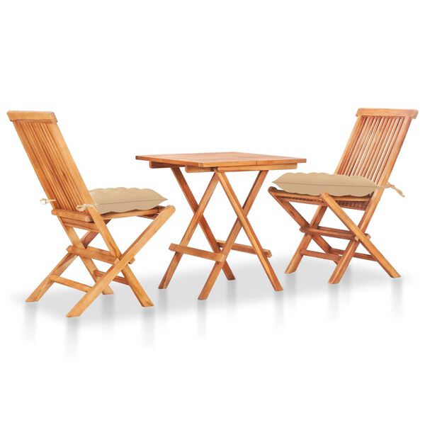 vidaXL Ensemble de bistro 3pcs avec coussins beige Bois de teck massif