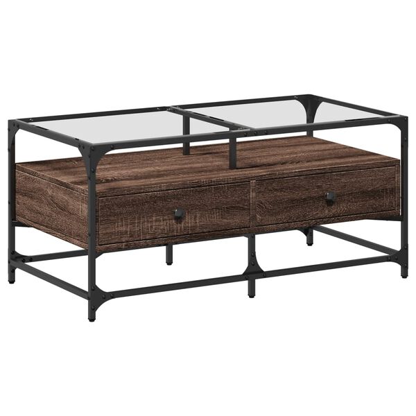 vidaXL Table basse et dessus en verre ch&ecirc;ne marron 98,5x50x45 cm acier
