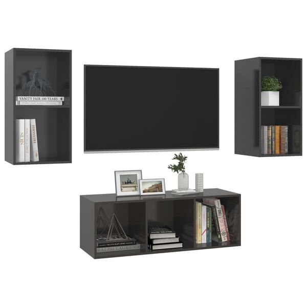 vidaXL Ensemble de meubles TV 3 pcs Gris brillant Bois d'ing&eacute;nierie