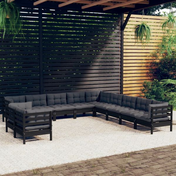 vidaXL Salon de jardin 11 pcs avec coussins Noir Bois de pin solide