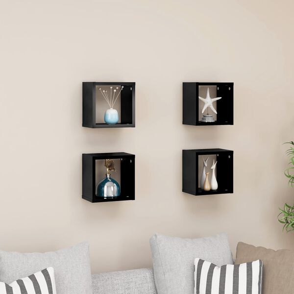 vidaXL &Eacute;tag&egrave;res cube murales 4 pcs noir brillant 22x15x22 cm