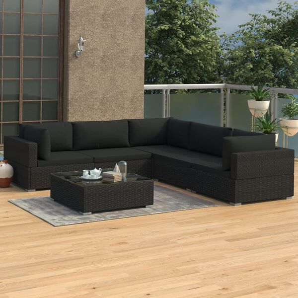 vidaXL Salon de jardin 6 pcs avec coussins r&eacute;sine tress&eacute;e noir