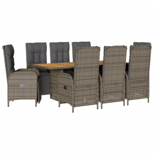 vidaXL Ensemble &agrave; manger de jardin 9 pcs coussins gris r&eacute;sine tress&eacute;e