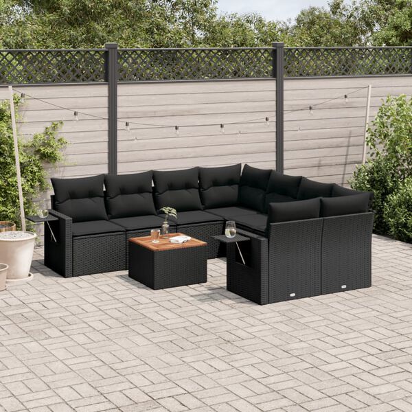 vidaXL Salon de jardin 9 pcs avec coussins noir r&eacute;sine tress&eacute;e