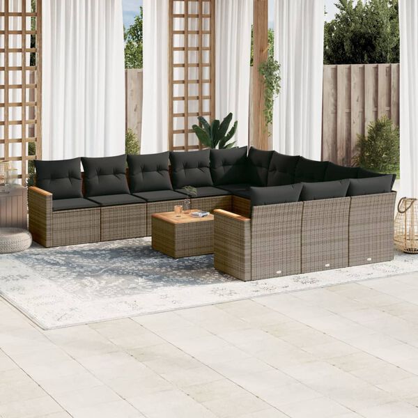 vidaXL Salon de jardin avec coussins 12 pcs gris r&eacute;sine tress&eacute;e