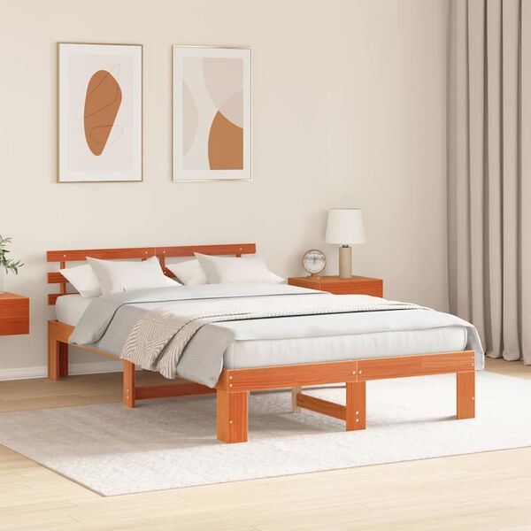 vidaXL Cadre de lit avec t&ecirc;te de lit Brun cire 140 x 190 cm Pin massif