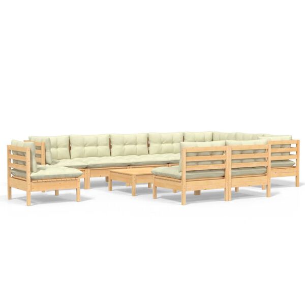 vidaXL Salon de jardin 11 pcs avec coussins cr&egrave;me Bois de pin solide