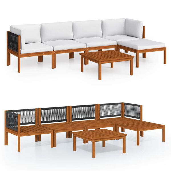 vidaXL Salon de jardin 6 pi&egrave;ces avec coussins, bois d'acacia cr&egrave;me et corde
