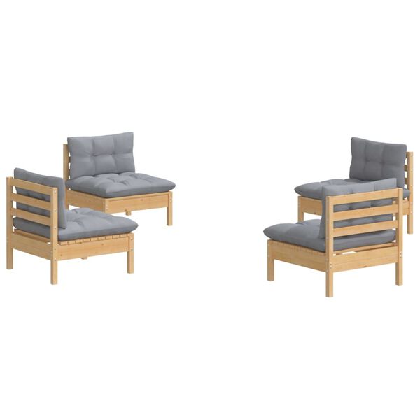 vidaXL Salon de jardin 4 pcs avec coussins gris Bois de pin