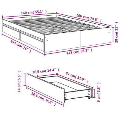 vidaXL Cadre de lit et tiroirs chêne fumé 140x190 cm bois d'ingénierie