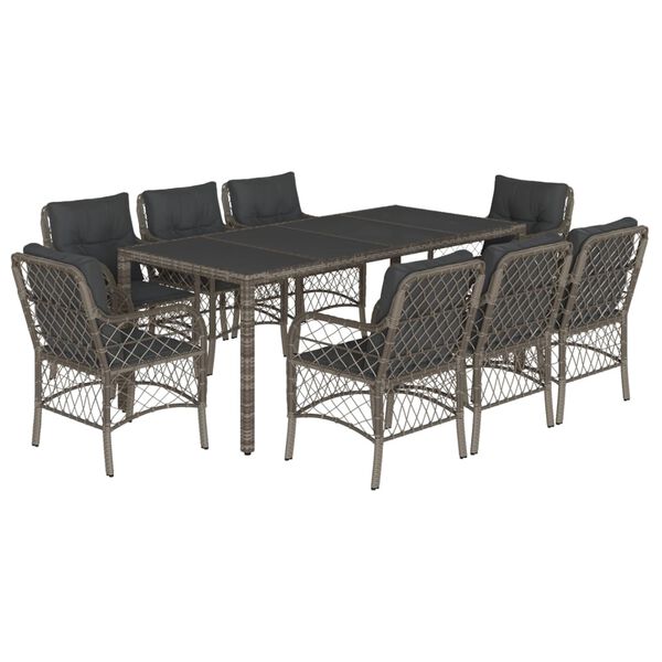 vidaXL Ensemble &agrave; manger de jardin 9 pcs coussins gris r&eacute;sine tress&eacute;e