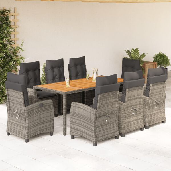 vidaXL Ensemble &agrave; manger de jardin 9 pcs coussins gris r&eacute;sine tress&eacute;e