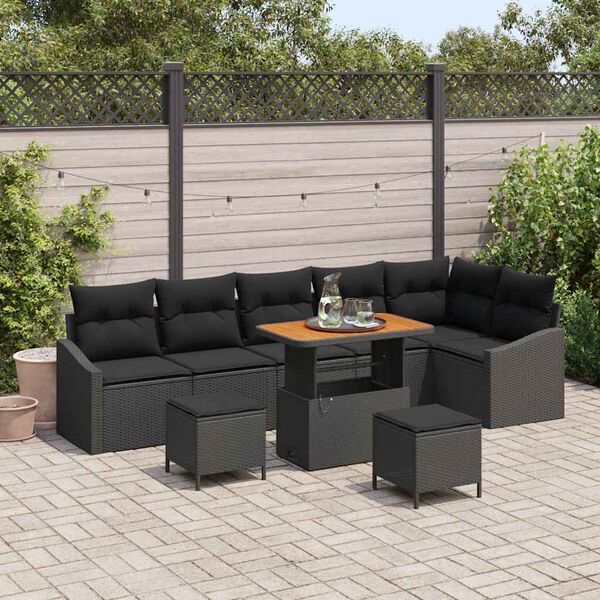 vidaXL Ensemble de canap&eacute; de jardin avec coussin 9 pcs Noir Poly rotin