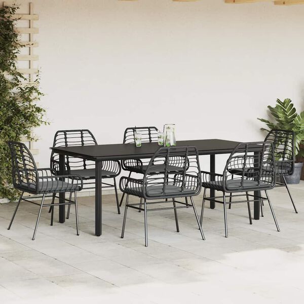 vidaXL Ensemble &agrave; manger de jardin coussins 7pcs noir poly rotin verre