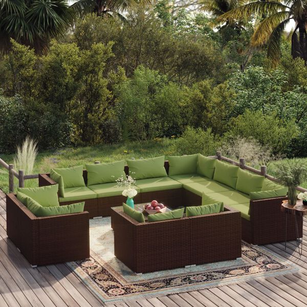 vidaXL Salon de jardin 12 pcs avec coussins Marron R&eacute;sine tress&eacute;e
