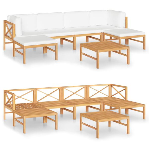 vidaXL Salon de jardin 7 pcs avec coussins cr&egrave;me bois de teck solide