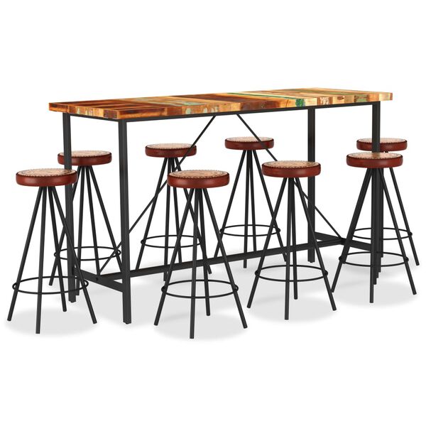 vidaXL Ensemble de bar 9 pcs Bois de récupération et cuir véritable