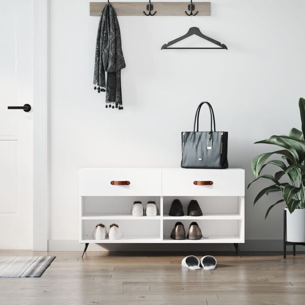 vidaXL Banc &agrave; chaussures blanc brillant 102x35x55 cm bois d'ing&eacute;nierie