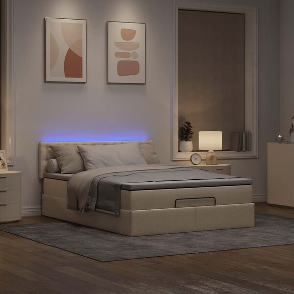 vidaXL Lit ottoman avec matelas et LED cr&egrave;me 140x200 cm tissu