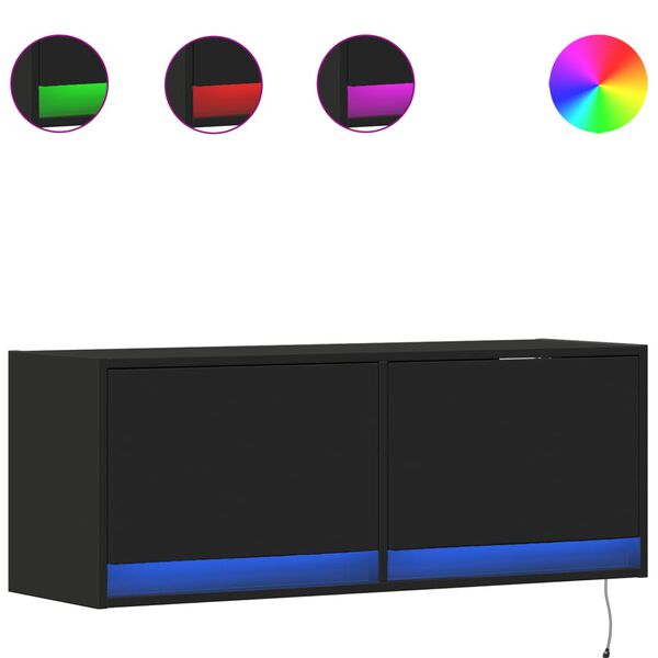 vidaXL Meuble TV mural avec lumi&egrave;res LED noir 100x31x35 cm