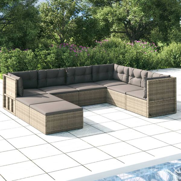 vidaXL Salon de jardin 8 pcs avec coussins Gris R&eacute;sine tress&eacute;e