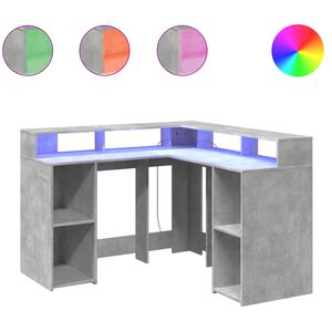 vidaXL Bureau et lumi&egrave;res LED gris b&eacute;ton 130x130x91cm bois ing&eacute;nierie