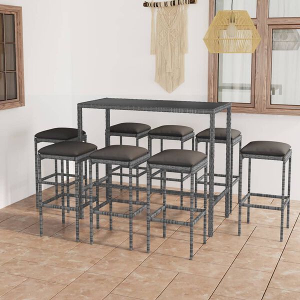 vidaXL Ensemble de bar de jardin 9 pcs et coussins R&eacute;sine tress&eacute;e Gris