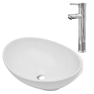 vidaXL Lavabo de salle de bain avec mitigeur C&eacute;ramique Ovale Blanc