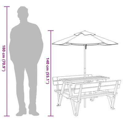 vidaXL Table de pique-nique pour 4 enfants avec parasol bois de sapin